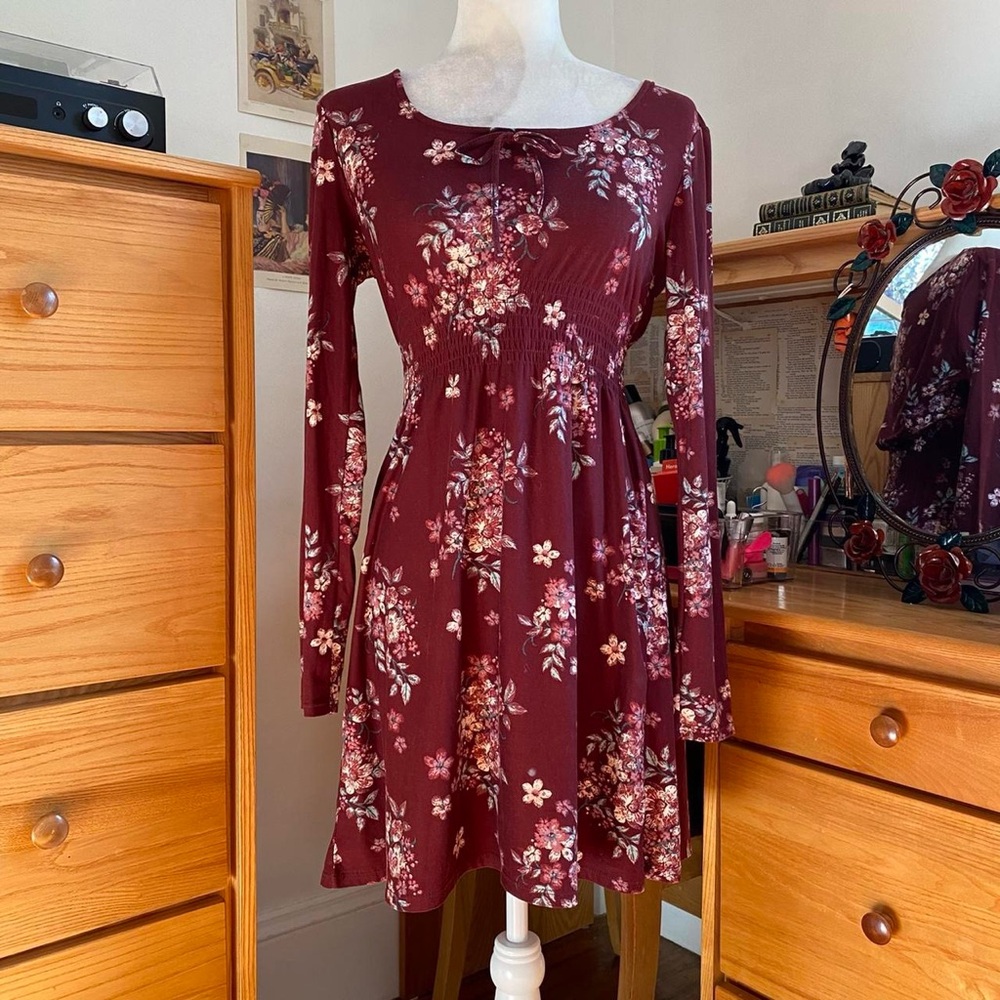 Cottagecore Peasant Dark Red Burgundy Floral Long Sleeve Mini Dress